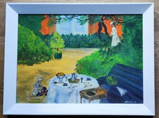 Quadro olio su tela merenda Al parco, donna con bambina. Firmato D. Grandinetti