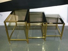 Trittico tavolini incastro in ottone vetro fumè anni ’60‘-70