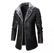 Giacca uomo pelle pu spessa calda cappotto lungo foderato pelliccia collo formale outwear neve