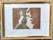 Litografia a colori due profili numerata firmata a mano Mino Maccari in cornice