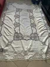 Splendida Tovaglia  vintage di Lino raffinata  ricamata con 12 tovaglioli