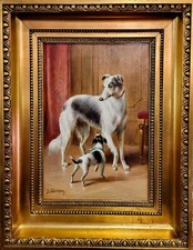 Carl Reichert -the Borzoi & The Jack Russell -19th Secolo Pittura a Olio