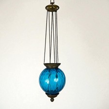 Antica Lanterna a sospesione Stile Liberty in vetro soffiato Blu Anni '30 ottone