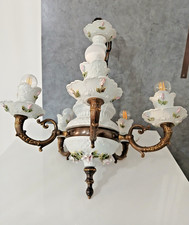 Antico Lampadario Sospensone in Porcellana  Capodimonte e Ottone Vintage Bianco
