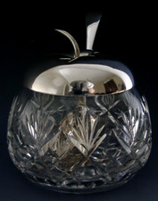 PENTOLA E CUCCHIAIO SALSA MELA O MIRTILLO VETRO TAGLIO ARGENTO STERLING 1996 PESANTE 394g