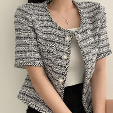 S-XL Chic Elegante Tweed Cardigan Giacca Corta con Tasca Donna Manica Corta Top