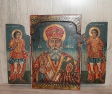 Trittico icona ortodossa vintage San Nicola dipinto a mano