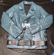 Giacca pelle uomo blu Brando biker con spalle trapuntate maniche e cintura