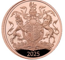 ROYAL COAT OF ARMS, 2025 UK £ 5 GOLD PROOF SOVEREIGN. 5 POUNDS, STERLINE ORO