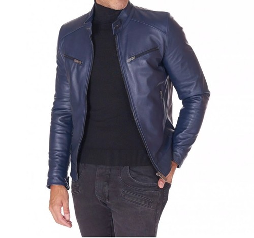 Men navy blue leather jacket - navy,