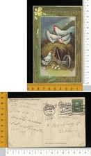 V3940] BUONA PASQUA EASTER - SCENA POLLAIO GALLINE BIANCHE E UOVA - RILIEVO 1910