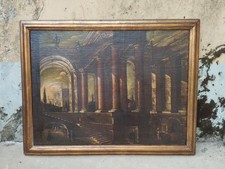 ANTICO XIX secolo QUADRO DIPINTO PITTURA A OLIO SU TELA ARCHITETTURA CORNICE