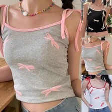 Canottiera donna estiva alla moda fiocco senza maniche carina vintage crop top