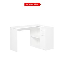Scrivania angolare regolabile bianca a forma di L con design portaoggetti e girevole