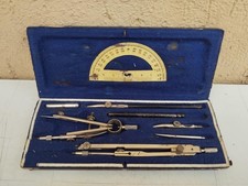 ANTICO INIZI XX secolo SET COMPASSO COMPASSI GONIOMETRO DA COLLEZIONE + CUSTODIA