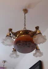Lampadario Francese Liberty primi '900 in Ottone con 5 Luci Opalina Funzionante 