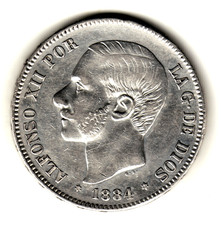 ESPAÑA 5 pesetas plata 1884