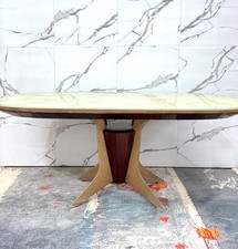 TAVOLO DA PRANZO IN LEGNO DI PALISSANDRO, VETRO MARMORIZZATO E OTTONE ANNI 50