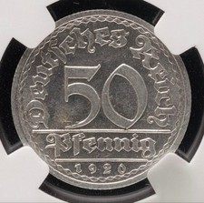 MONETA RARA - Germania 50 Pfenning 1920 - Certificata NGC  MS62