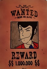 Wanted lupin 3rd dipinto a mano su cartoncino telato pop art per salone o camera
