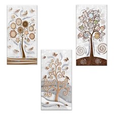Set 3 pezzi Quadri su tela albero della vita con glitter 38x75 cm TREE WHITE