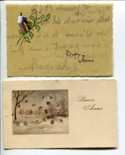 Due bigliettini natalizi cm. 7x10 e 6,5x11 a. 1947 e 1943 con dedica