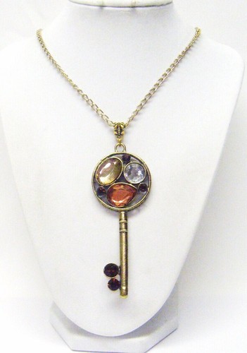 Long brass key rhinestones - key, w/