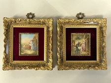 COPPIA ANTICA MINIATURA dipinta a mano CORNICE DORATA febbraio dicembre