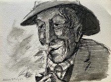 Karl Adser 1912-1995 Ritratto Anziano Con Pipa E Cappello Austriaco