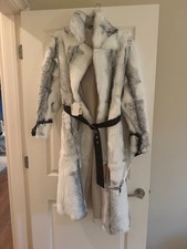 Cappotto donna in vera pelliccia di coniglio lungo con cintura in pelle