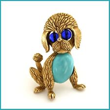 Spilla da Giacca TRIFARI Crown Cane Barboncino Strass Turchese Vintage Anni 60