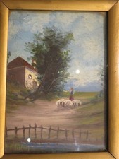 Vecchio quadro dipinto mano di paesaggio montano PASTORE CON PECORE FIUME prato