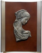 VINTAGE QUADRO MADONNA PELTRO SU CUOIO LAVORATO A MANO