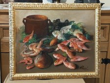 OPERA DEL MAESTRO RAFFAELE PUCCI PITTURA NAPOLETANA NATURA MORTA DI PESCI 
