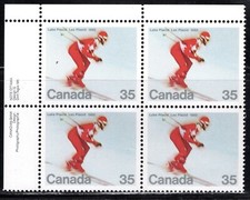 Francobollo Canada Scott #848, 35c, sci alpino, blocco di 4, OG, MNH, SCV$2,60