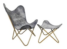Fatto a Mano Grigio Pelle Farfalla Sedia Con Poggiapiedi Pieghevole Relax Accent