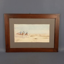 Quadro Dipinto Acquarello Firmato Saurat Soggetti Su Cammelli Nel Deserto XX Sec