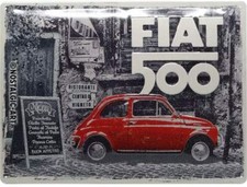 Fiat 500 Red In Street large embossed metal sign 400mm x 300mm (na)