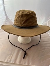 Cappello Filson Bush originale vintage panno di latta tela marrone orlato con mentoniera taglia M/L