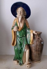 Antica Statuina Orientale In Terracotta Smaltata, Cinese Con Gerla, vaso