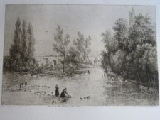 Jean-Pierre BERTHAULT 1779-1850 GRAVURE EAU FORTE PAYSAGE BARBIZON dlg DAUBIGNY²