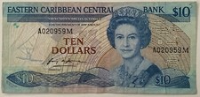 10 DOLLARS 1986 EASTERN CARIBBEAN CENTRAL BANK BANCONOTA 10 DOLLARI CARAIBI