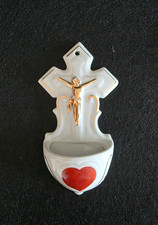 Acquasantiera in Porcellana Bianca Immagine Crocefisso Colore Oro Cuore Germany