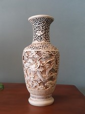 ANTICO VASO CINESE IN LACCA PERLA BIANCA CINABRO CINNABAR CON DECORAZIONI 27 Cm