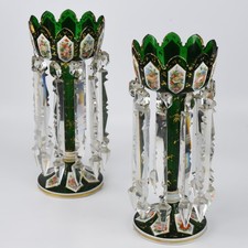 Coppia Lustrini Mantello Bohemien Moser Taglio Verde Sovrapposizione Fiori Dipinti a Mano