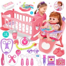 Set 14 Baby Doll Cura con Culla, Seggiolone, Accessori Biberon per Bambini