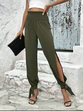 Pantaloni Lunghi  Harem Donna Fiocco Caviglia Verde Militare Larghi Xs Jogger