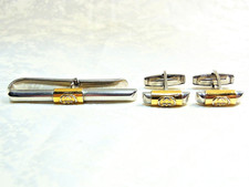 Set Vintage Gucci Gemelli e Spilla Cravatta Clip Bar Logo GG Oro Argento...