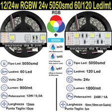 Strip RGBW (Bianco Freddo) 12/24w 24v 5050 60/120 Led/m kit 5>15m Striscia Led