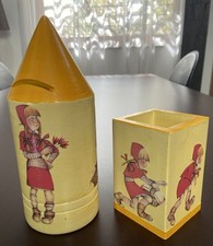 SALVADANAIO A FORMA DI MATITA E PORTAMATITE IN LEGNO DECOUPAGE CAPPUCCETTO ROSSO